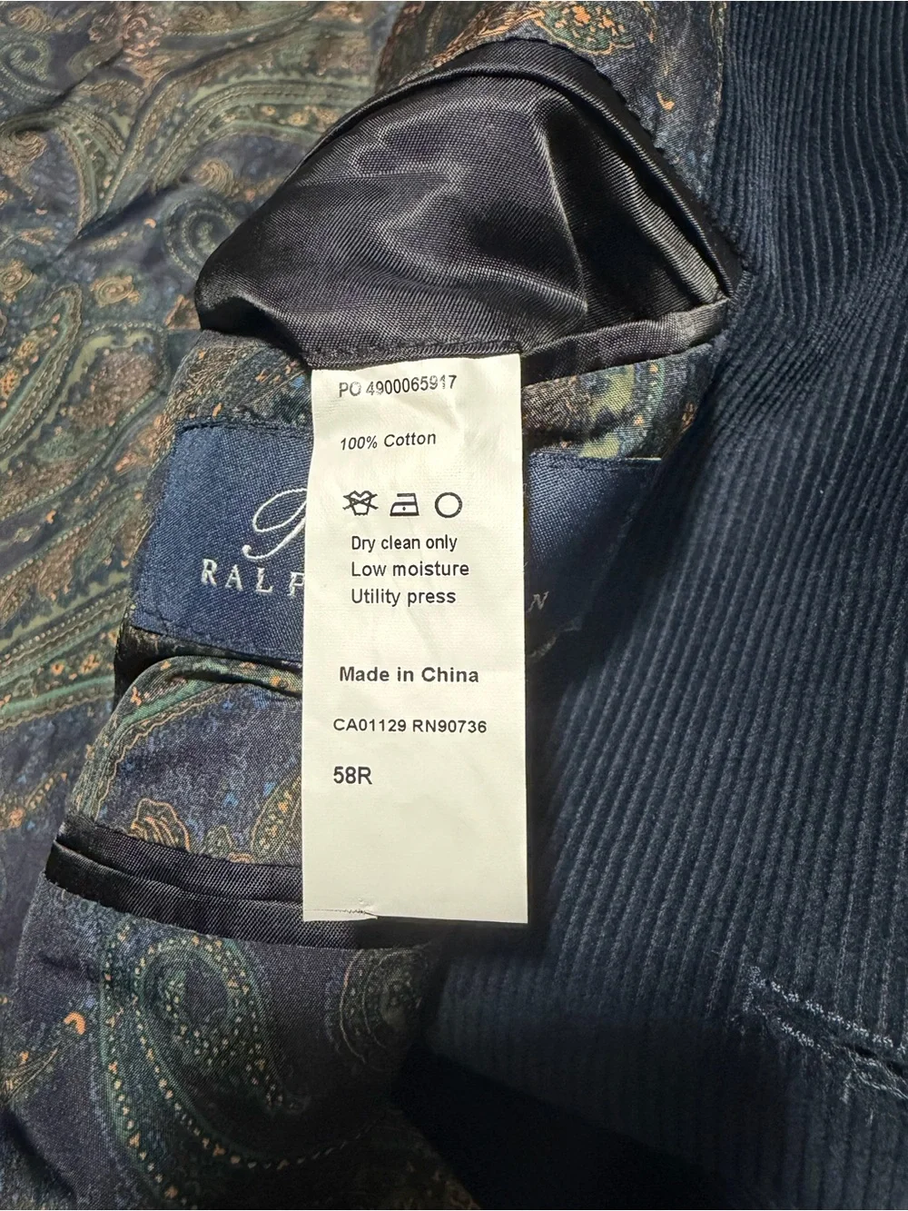 Ralph Lauren Corduroy Blazer Men 58R Navy Blue Elbow Patches Paisley Lined READ